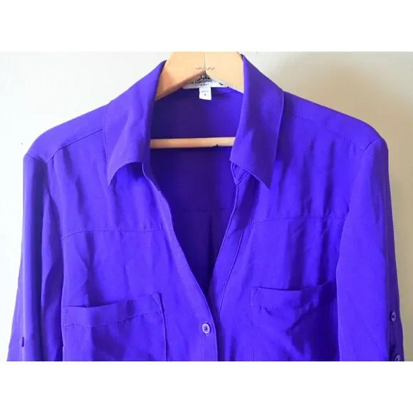 Express Portfolio Shirt Blouse Slim Fit Small Petite Purple Blue Button Front - Picture 4 of 7